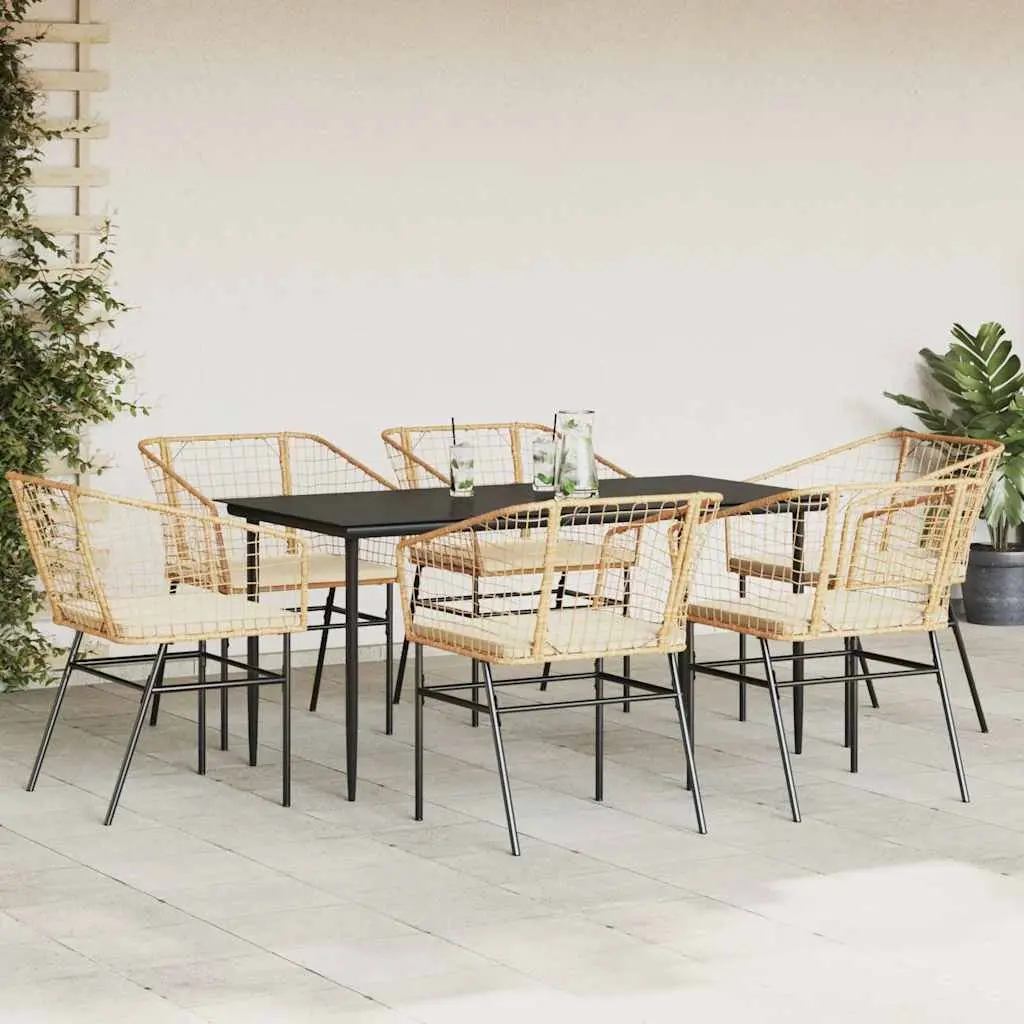 7 Piece Outdoor Dining Set Brown Weather Resistant Poly Rattan with Tempered Glass Tabletop and Cushioned Chairs for Garden Patio Furniture