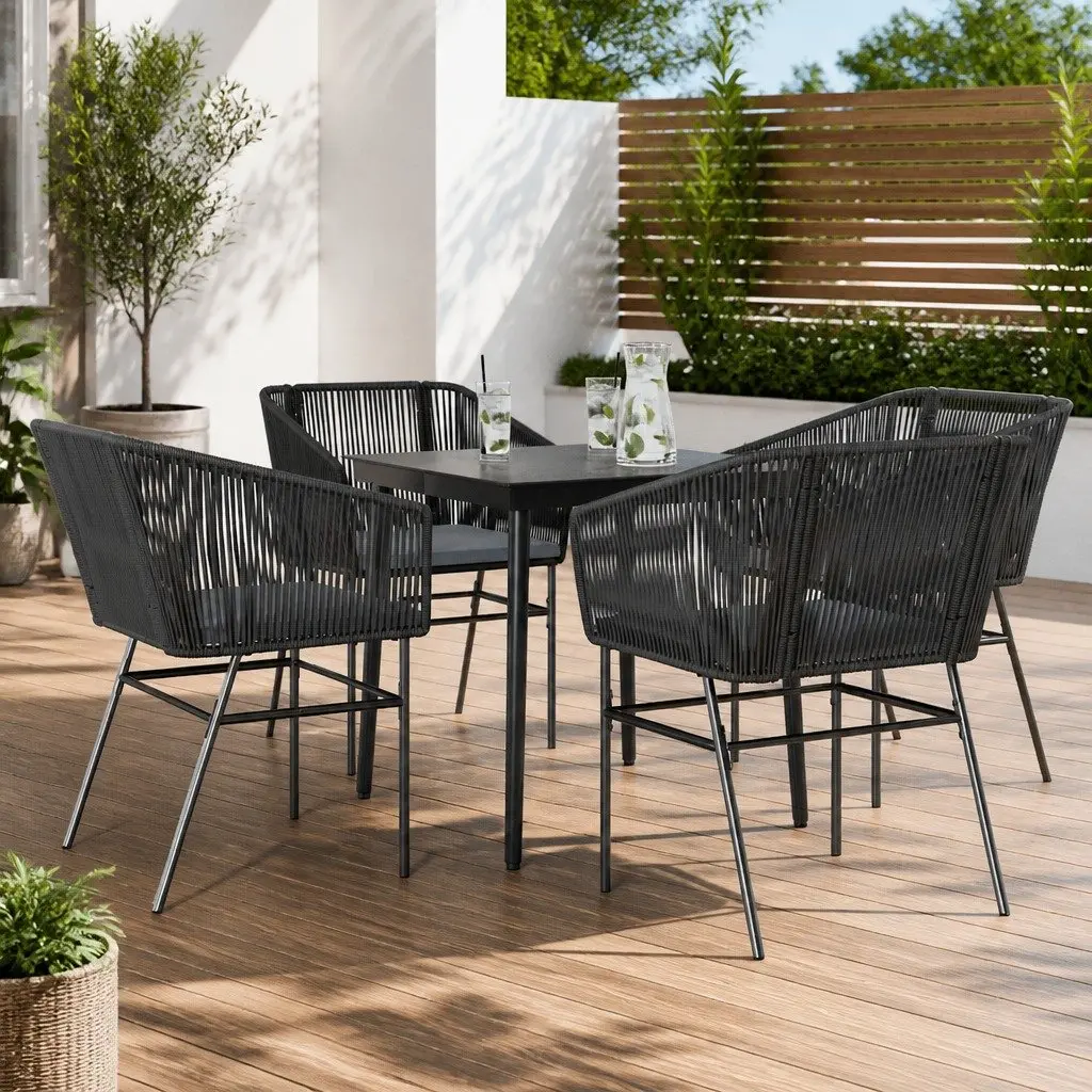 Garden Dining Set 5 Piece Outdoor Furniture Black Poly Rattan Glass Table Chairs