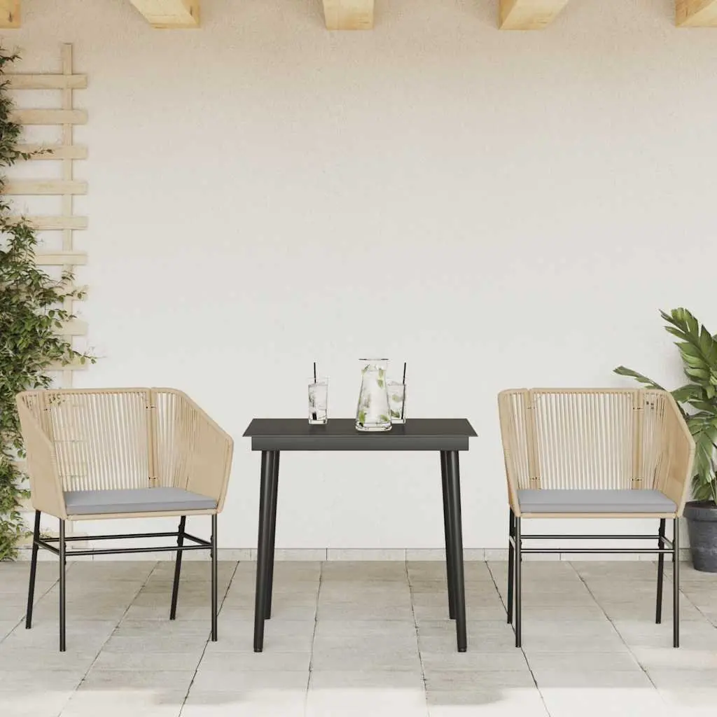 3 Piece Garden Dining Set Brown PE Rattan with Steel Frame and Tempered Glass Table