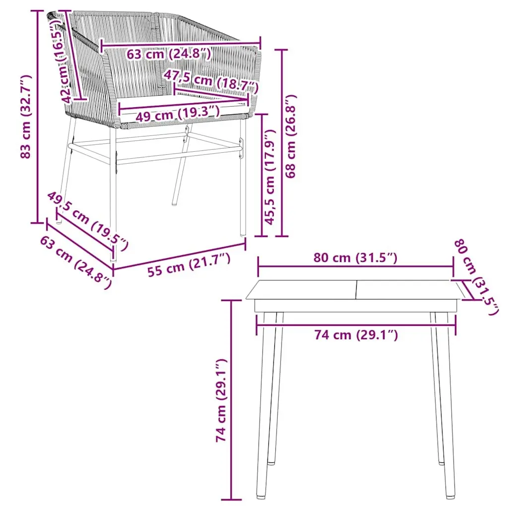 3 Piece Garden Dining Set Brown PE Rattan with Steel Frame and Tempered Glass Table