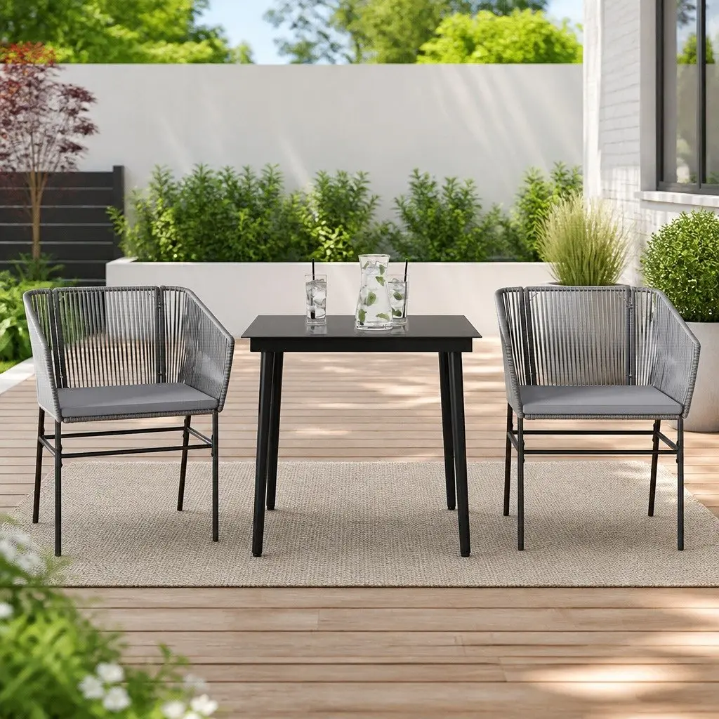 Garden Dining Set 3 Piece Poly Rattan Steel Frame Tempered Glass Table Grey