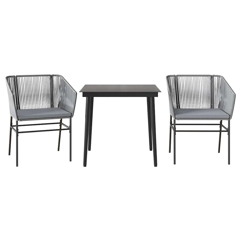 Garden Dining Set 3 Piece Poly Rattan Steel Frame Tempered Glass Table Grey