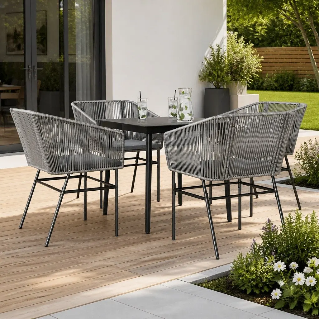 5 Piece Garden Dining Set Grey Poly Rattan Tempered Glass Table