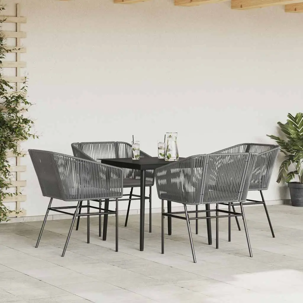 5 Piece Garden Dining Set Grey Poly Rattan Tempered Glass Table