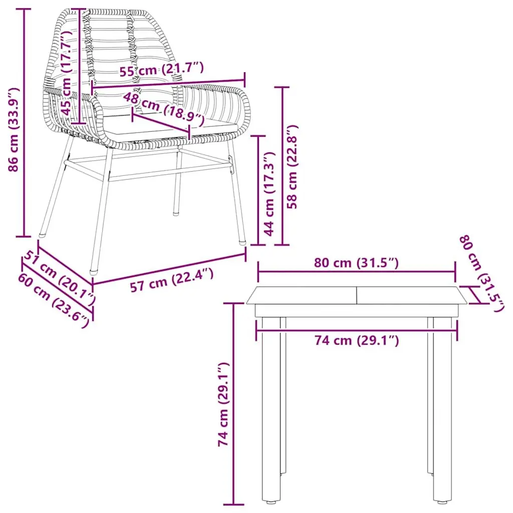 Garden Dining Set 3 Piece Brown Poly Rattan Outdoor Furniture Glass Top Table
