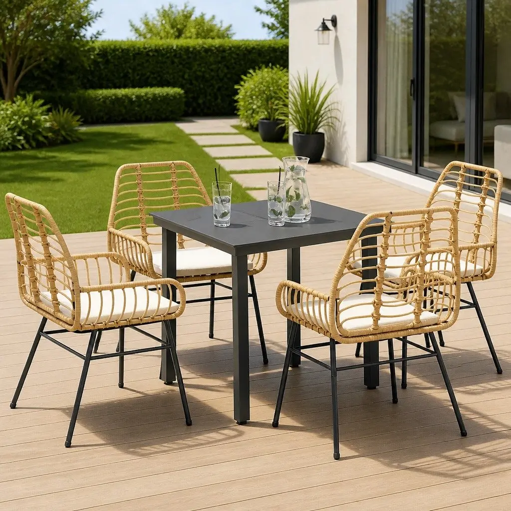5 Piece Outdoor Furniture Dining Set Brown Weather Resistant Poly Rattan Steel Frame Tempered Glass Table and Chairs for Patio Garden
