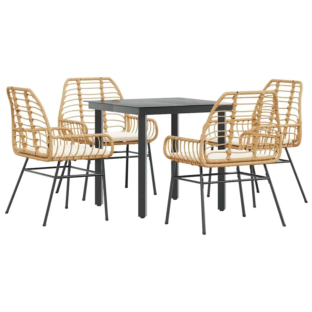 5 Piece Outdoor Furniture Dining Set Brown Weather Resistant Poly Rattan Steel Frame Tempered Glass Table and Chairs for Patio Garden
