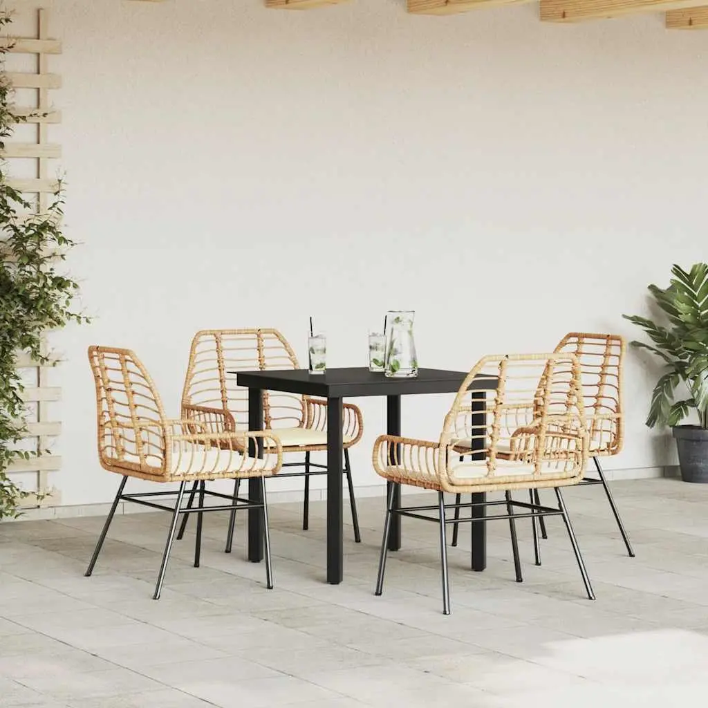 5 Piece Outdoor Furniture Dining Set Brown Weather Resistant Poly Rattan Steel Frame Tempered Glass Table and Chairs for Patio Garden