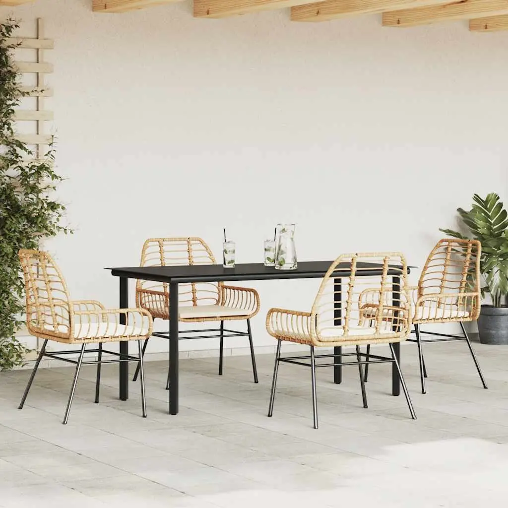 5 Piece Garden Dining Set Poly Rattan Brown Cushions