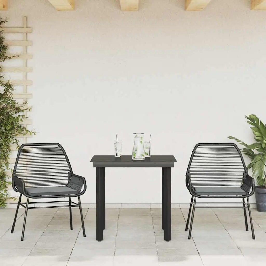 3 Piece Garden Dining Set PE Rattan Frame Powder Coated Steel Black with Cushions