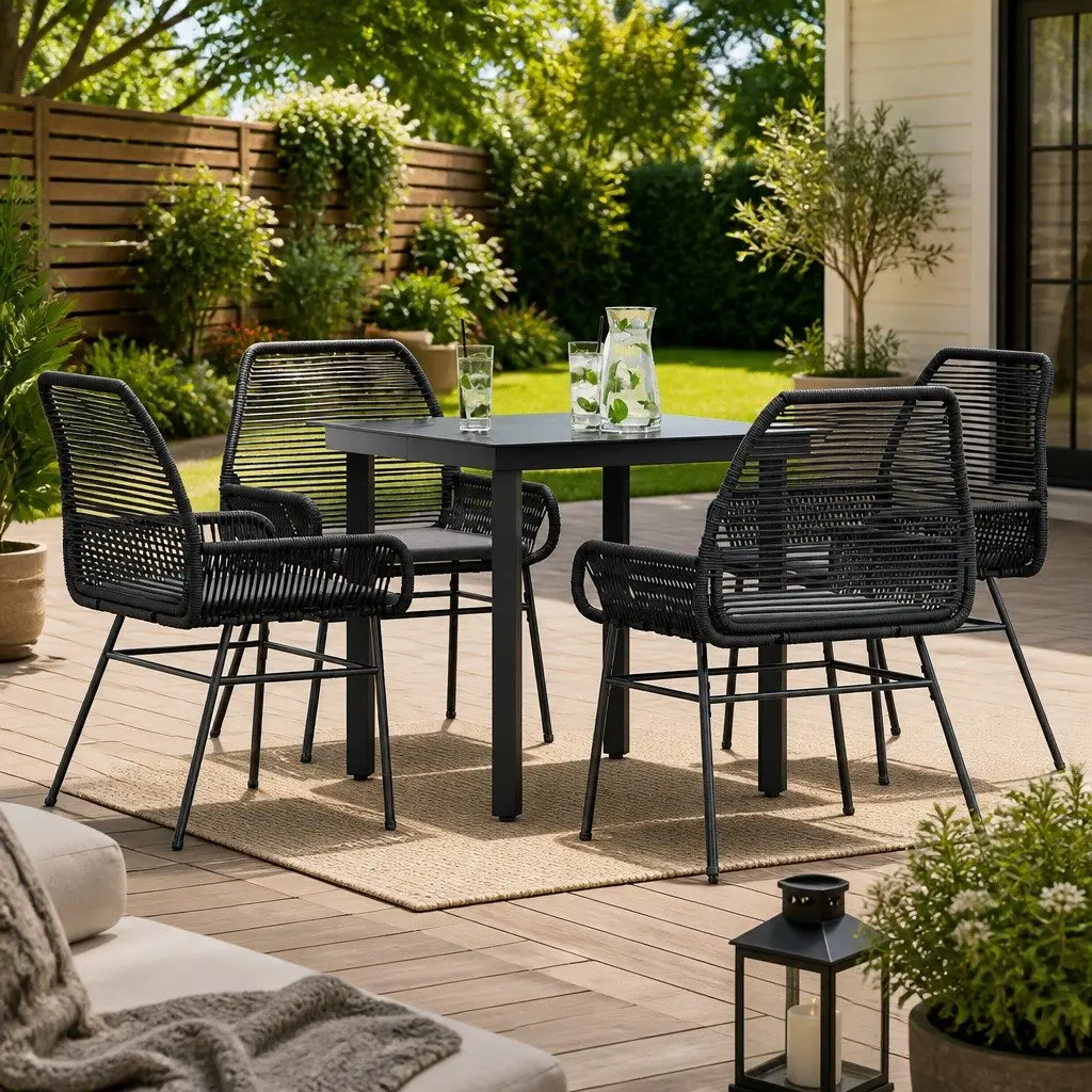 Garden Dining Set 5 Piece PE Rattan Steel Glass Black Outdoor Furniture