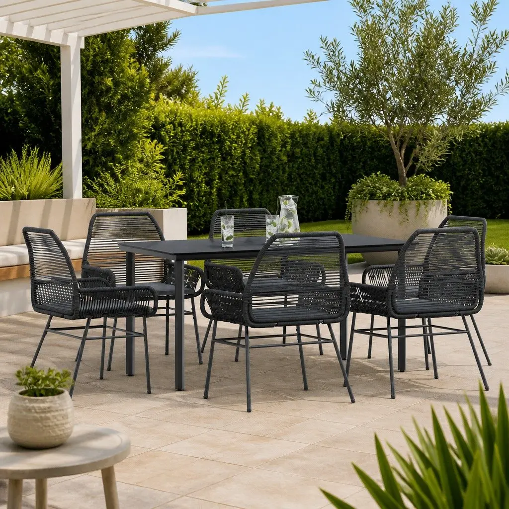 7 Piece Garden Dining Set Black PE Rattan Powder Coated Steel Tempered Glass Outdoor Furniture
