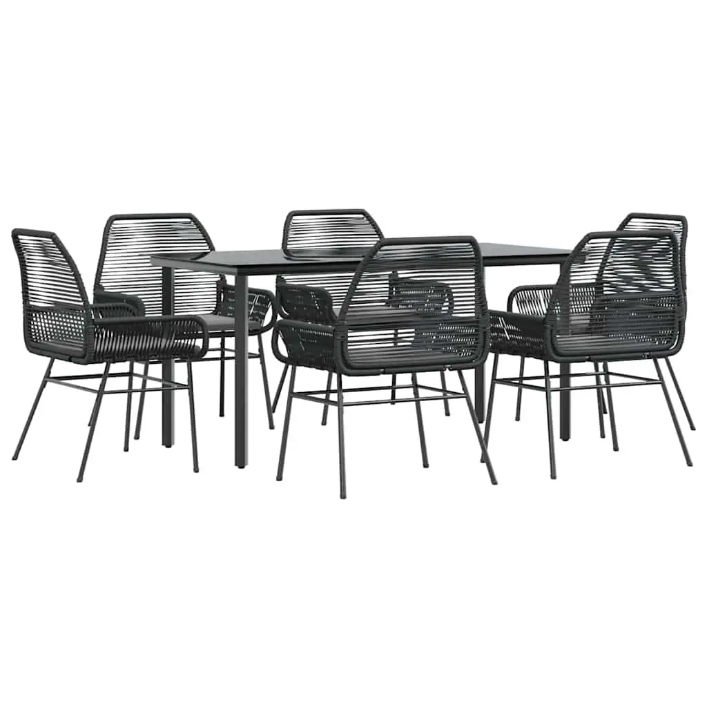 7 Piece Garden Dining Set Black PE Rattan Powder Coated Steel Tempered Glass Outdoor Furniture