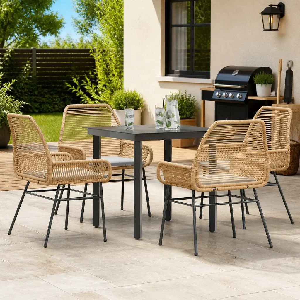 5 Piece Outdoor Dining Set Brown Poly Rattan Tempered Glass Table Powder Coated Steel Frame with Cushions