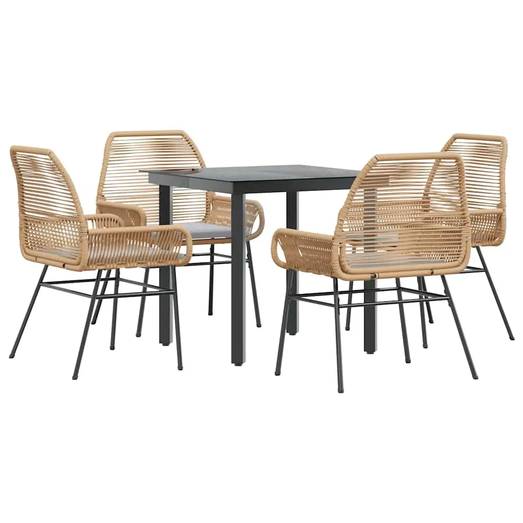 5 Piece Outdoor Dining Set Brown Poly Rattan Tempered Glass Table Powder Coated Steel Frame with Cushions
