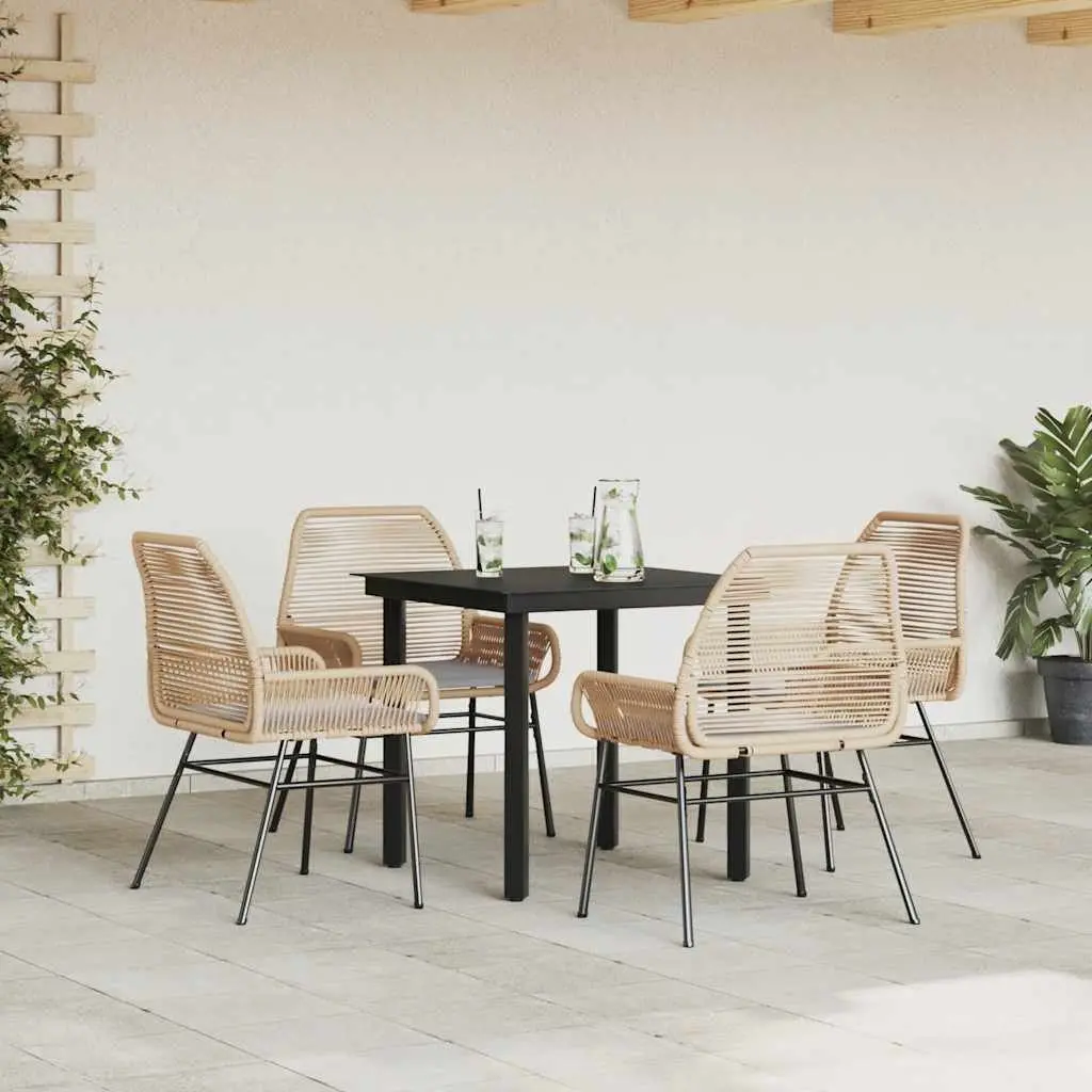 5 Piece Outdoor Dining Set Brown Poly Rattan Tempered Glass Table Powder Coated Steel Frame with Cushions