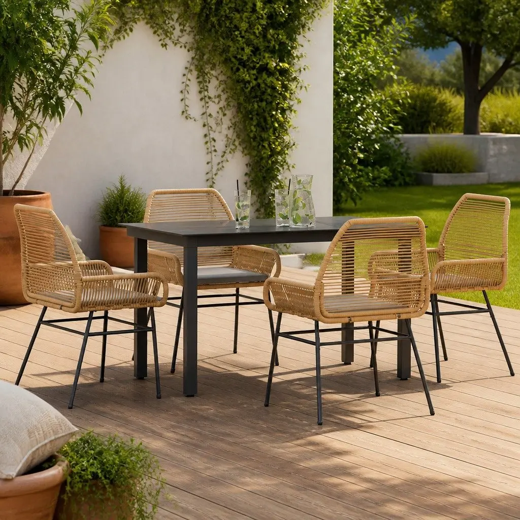 5 Piece Garden Dining Set Poly Rattan Steel Glass Brown Outdoor Patio
