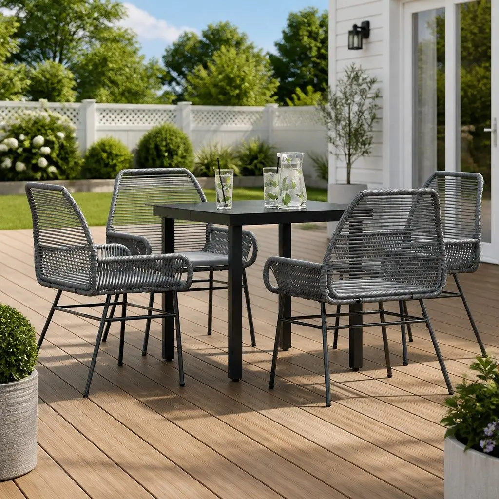 5 Piece Garden Dining Set Grey Poly Rattan Tempered Glass Table Outdoor Furniture