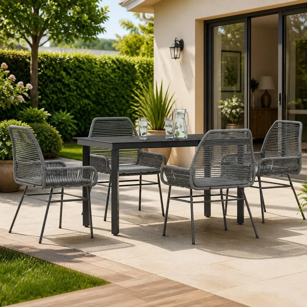 5 Piece Garden Dining Set PE Rattan Steel Frame Tempered Glass Table Grey