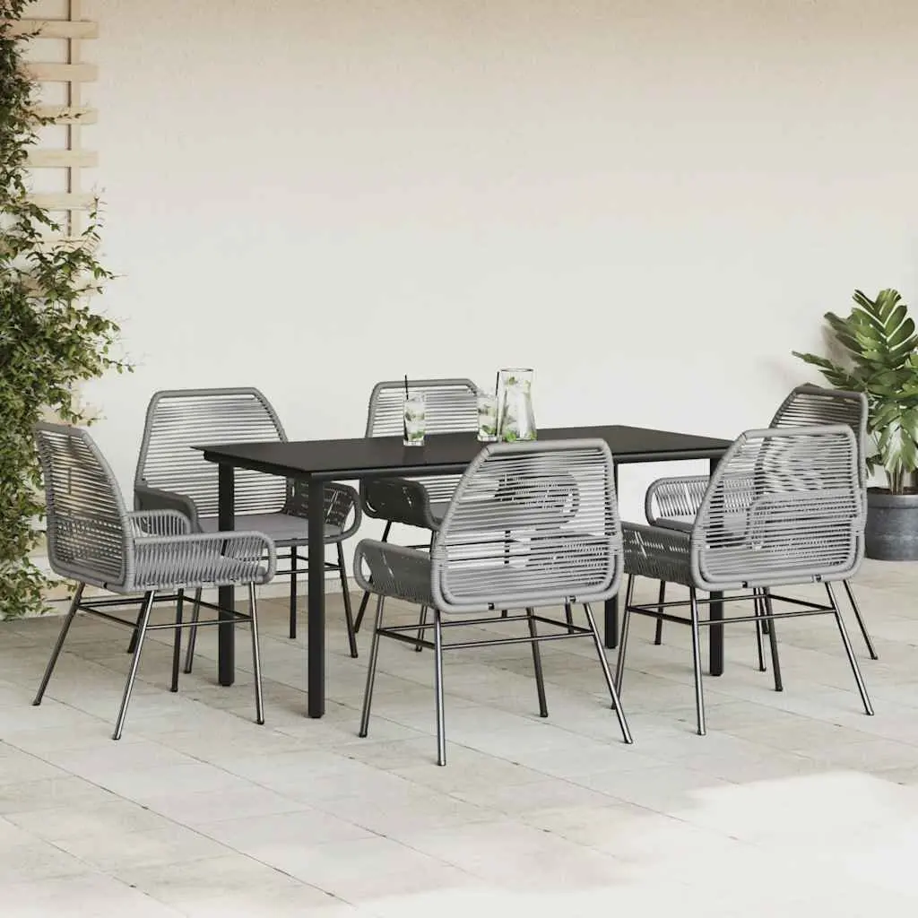 Garden Dining Set PE Rattan 7 Piece Outdoor Furniture Grey Powder-coated Steel Table Tempered Glass Top