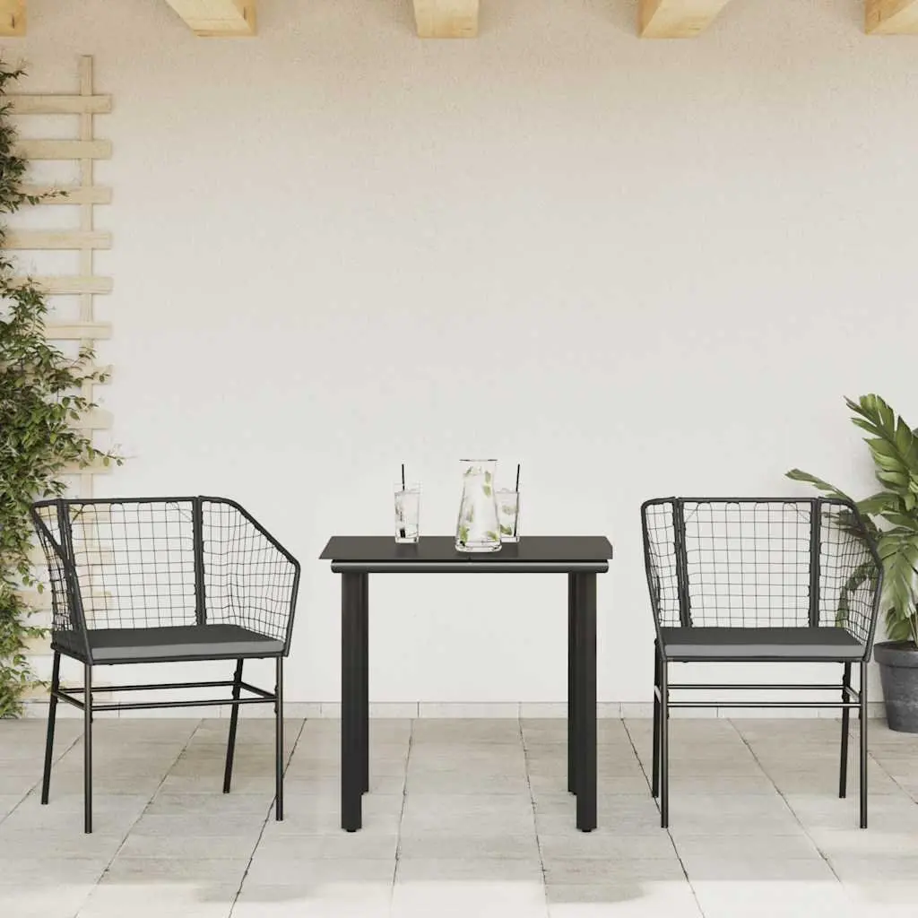 Outdoor Dining Set 3 Piece Patio Furniture Black PE Rattan Table with Glass Top and Chairs with Cushions