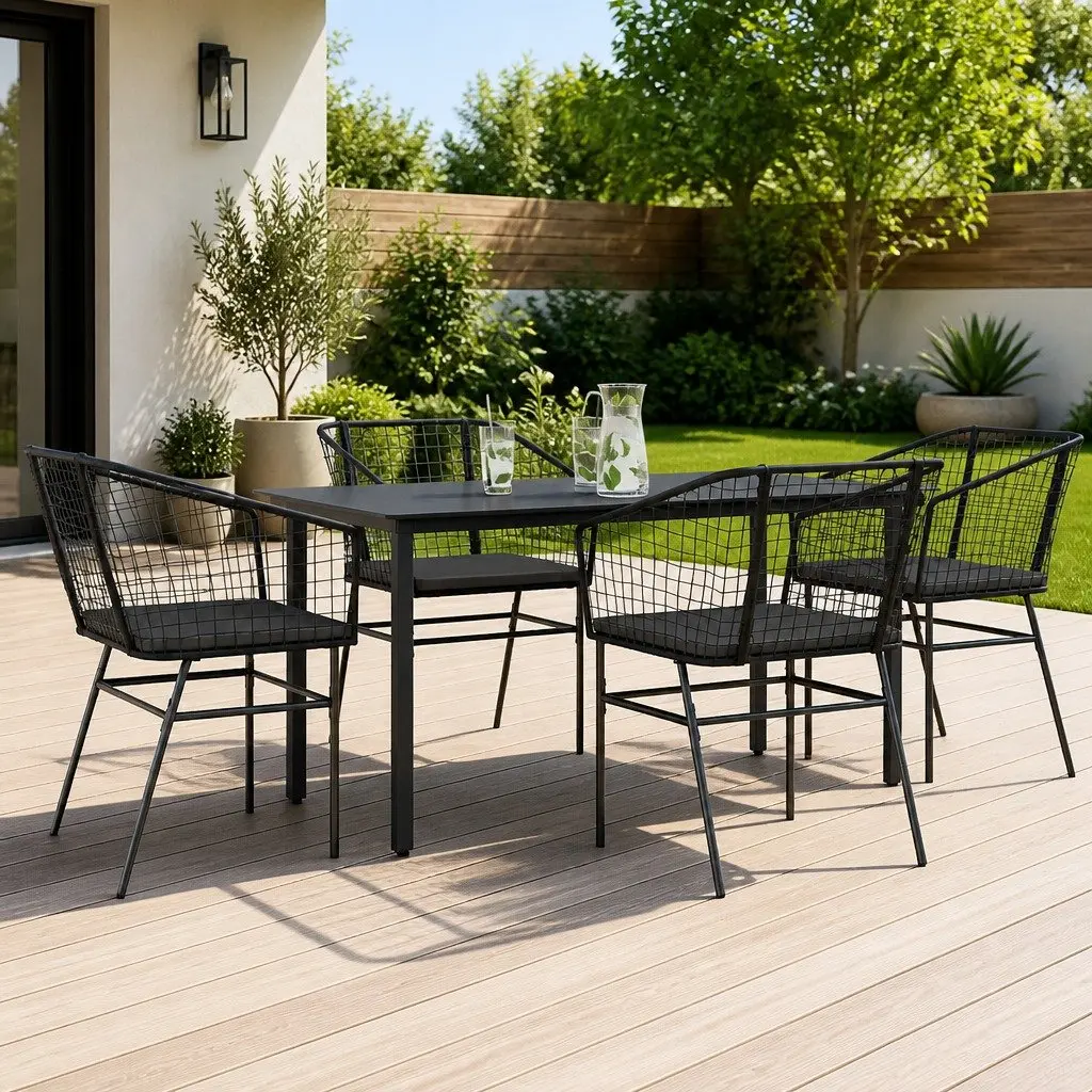 5 Piece Outdoor Dining Set Black Poly Rattan Cushioned Chairs Tempered Glass Table Garden Furniture