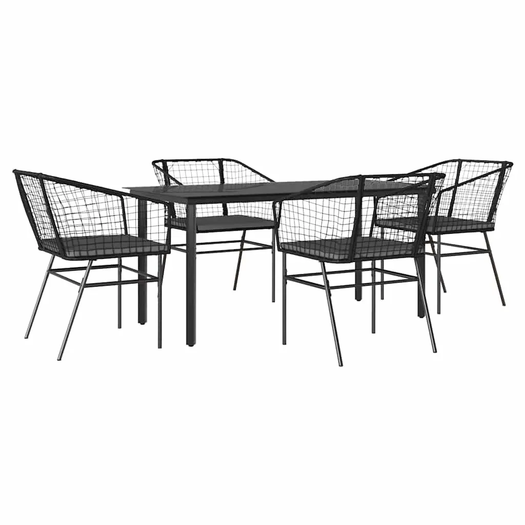 5 Piece Outdoor Dining Set Black Poly Rattan Cushioned Chairs Tempered Glass Table Garden Furniture