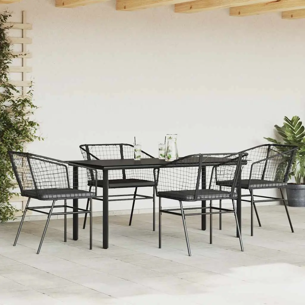 5 Piece Outdoor Dining Set Black Poly Rattan Cushioned Chairs Tempered Glass Table Garden Furniture