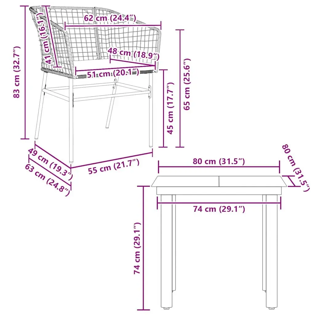 Garden Dining Set Poly Rattan 3 Piece Outdoor Furniture Brown with Cushions