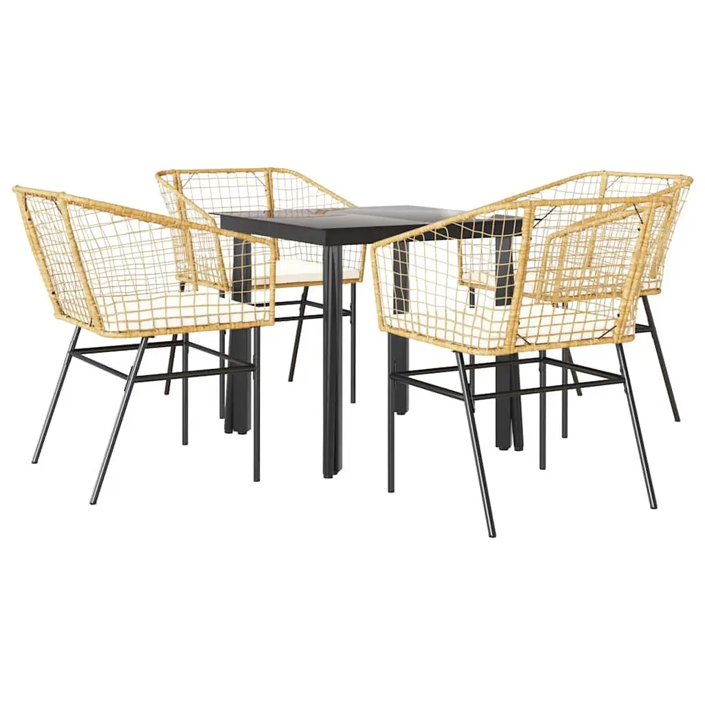 5 Piece Garden Dining Set Poly Rattan Glass Top Brown Outdoor Patio Furniture
