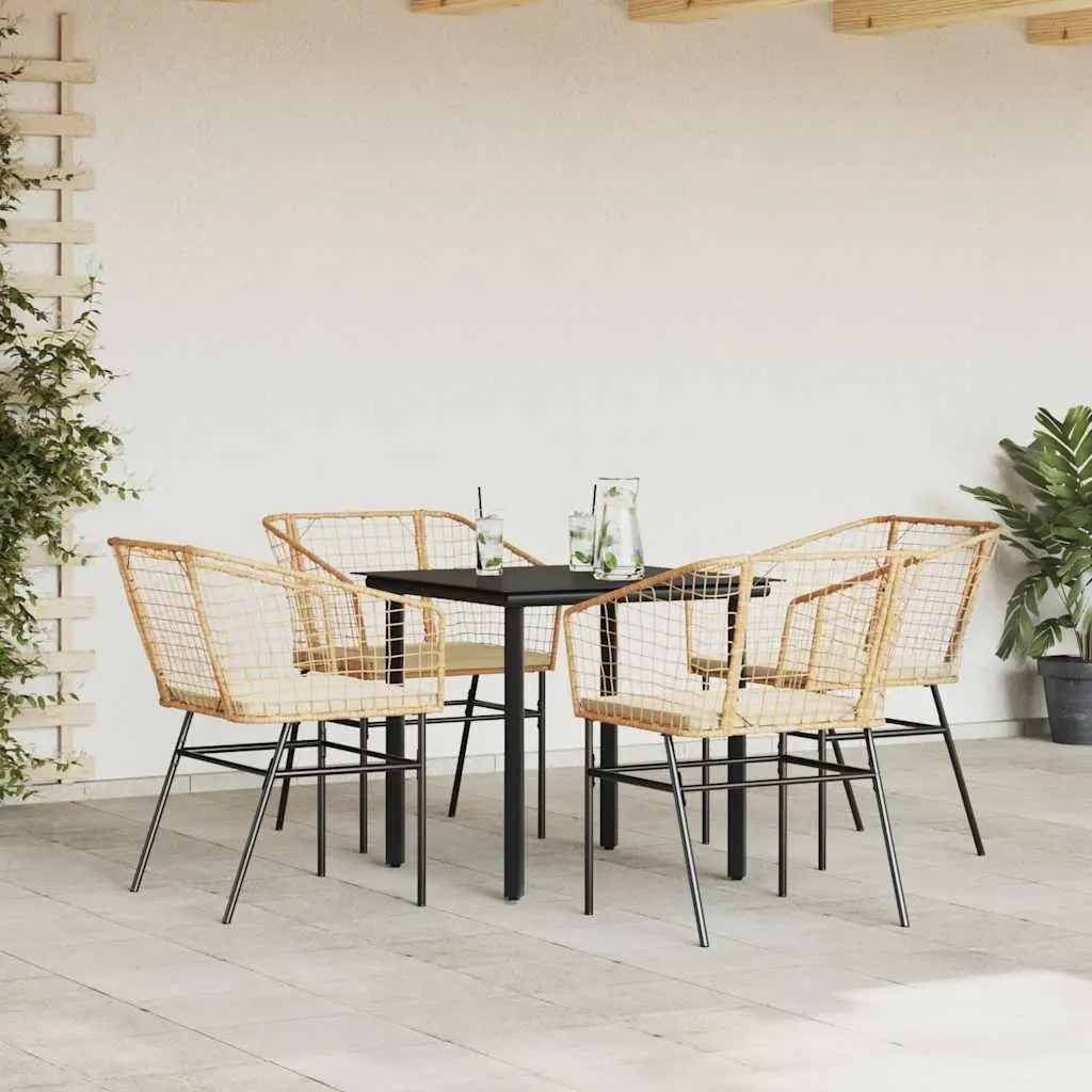 5 Piece Garden Dining Set Poly Rattan Glass Top Brown Outdoor Patio Furniture