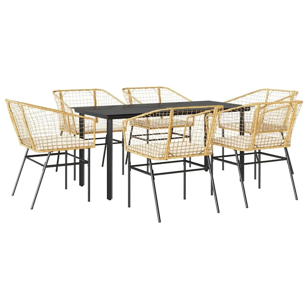 Outdoor Dining Set Brown Cushioned Chairs Glass Table 7 Piece Poly Rattan Garden Patio