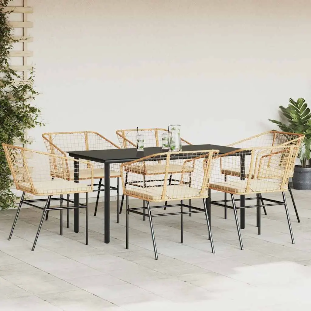 Outdoor Dining Set Brown Cushioned Chairs Glass Table 7 Piece Poly Rattan Garden Patio