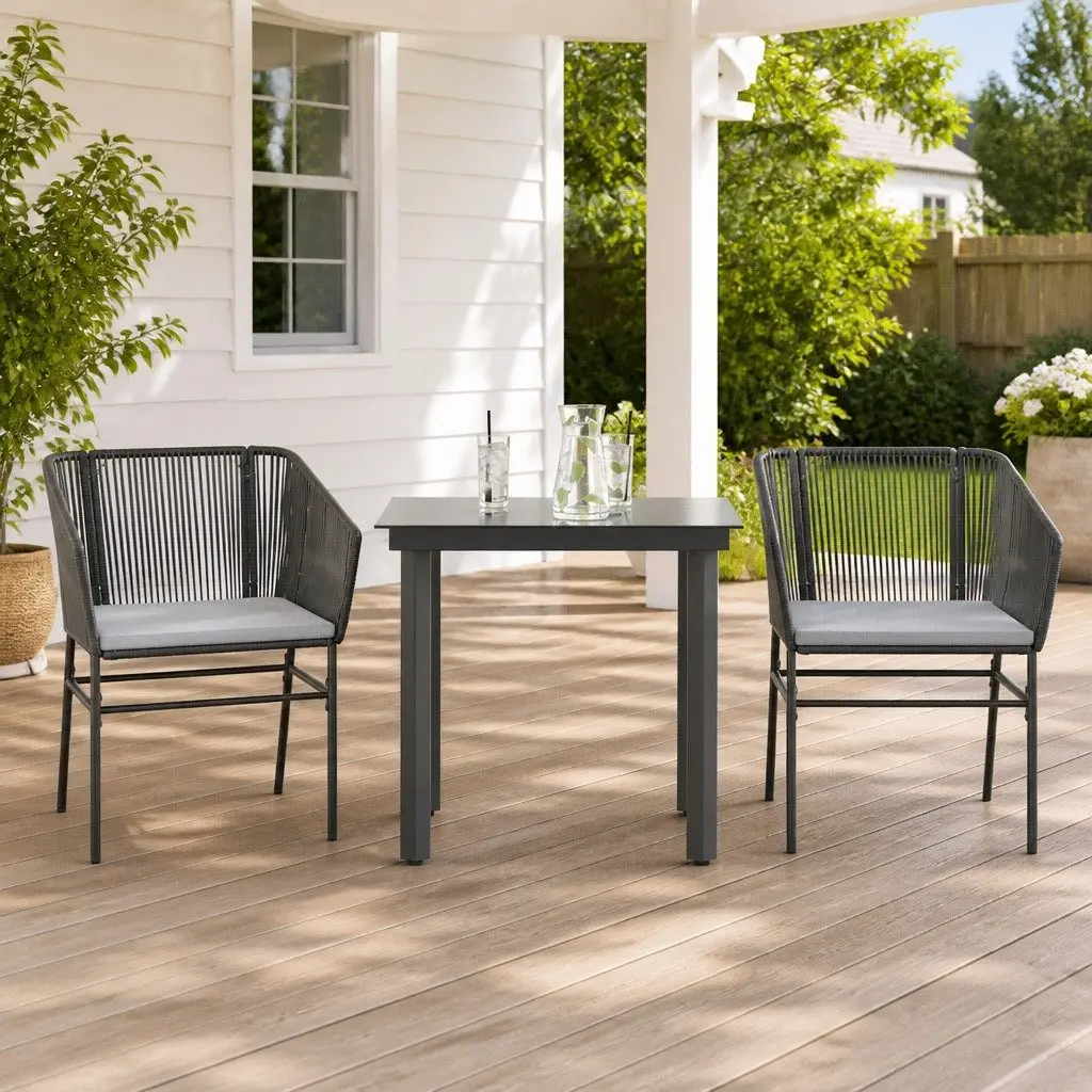 Garden Dining Set PE Rattan Steel 3 Piece Black Outdoor Furniture Table Chairs Cushions