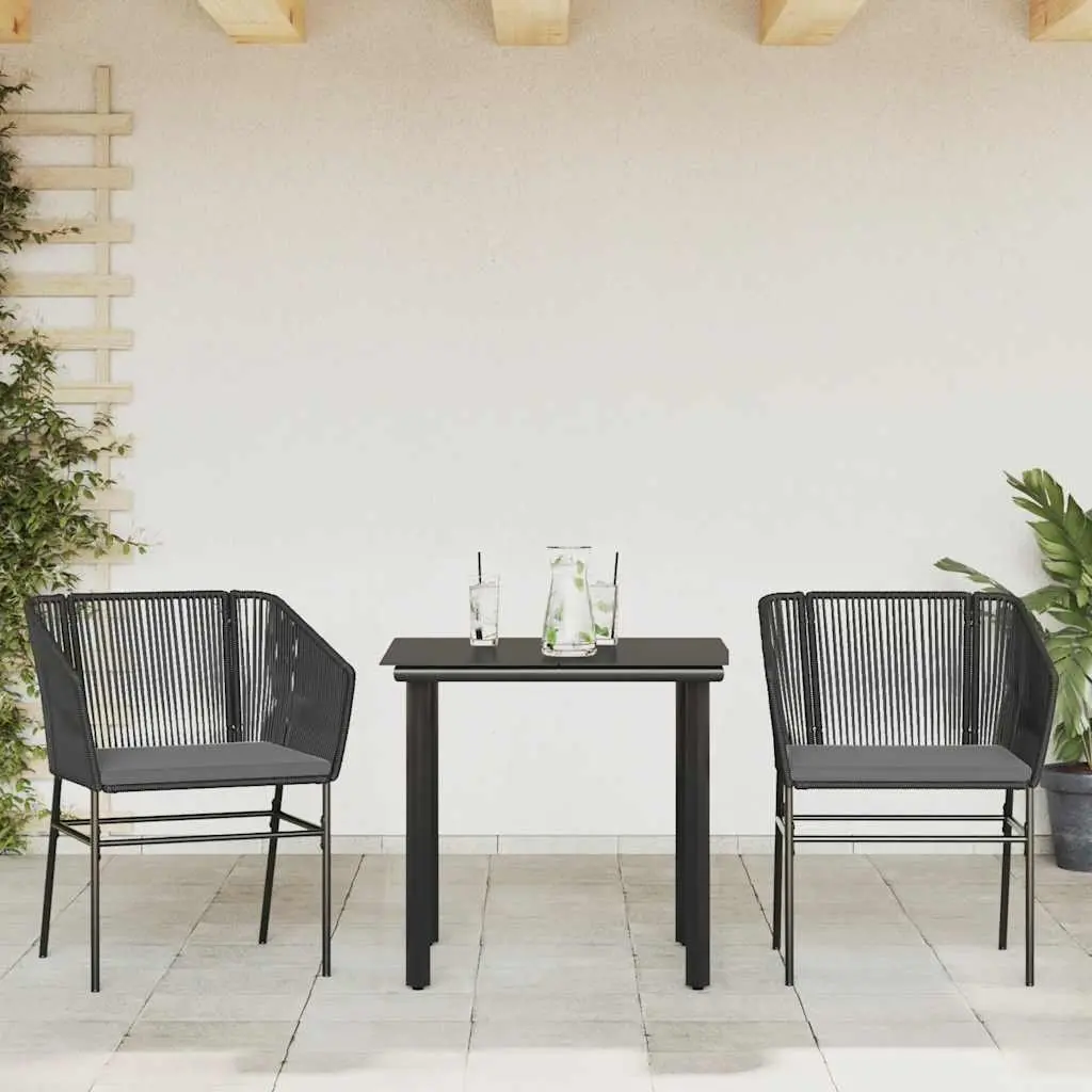 Garden Dining Set PE Rattan Steel 3 Piece Black Outdoor Furniture Table Chairs Cushions