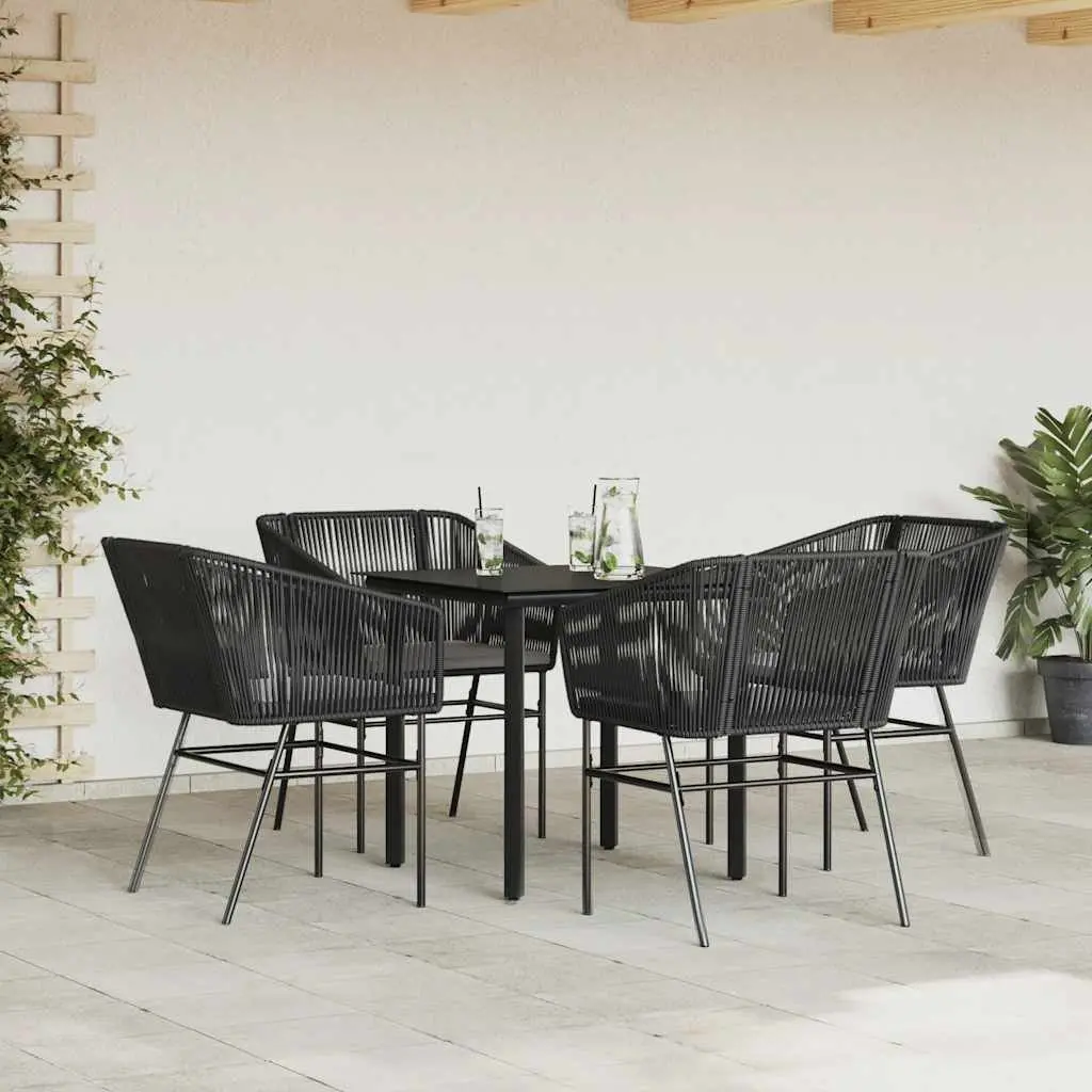 5 Piece Garden Dining Set Poly Rattan Tempered Glass Table Black Outdoor Furniture