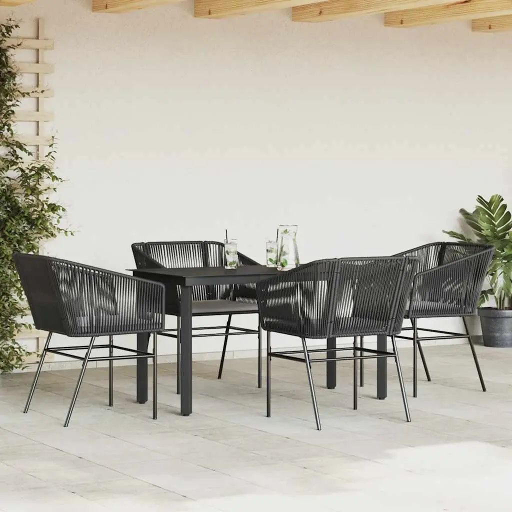 Garden Dining Set 5 Piece PE Rattan Powder Coated Steel Black Outdoor Furniture with Tempered Glass Table and Cushions