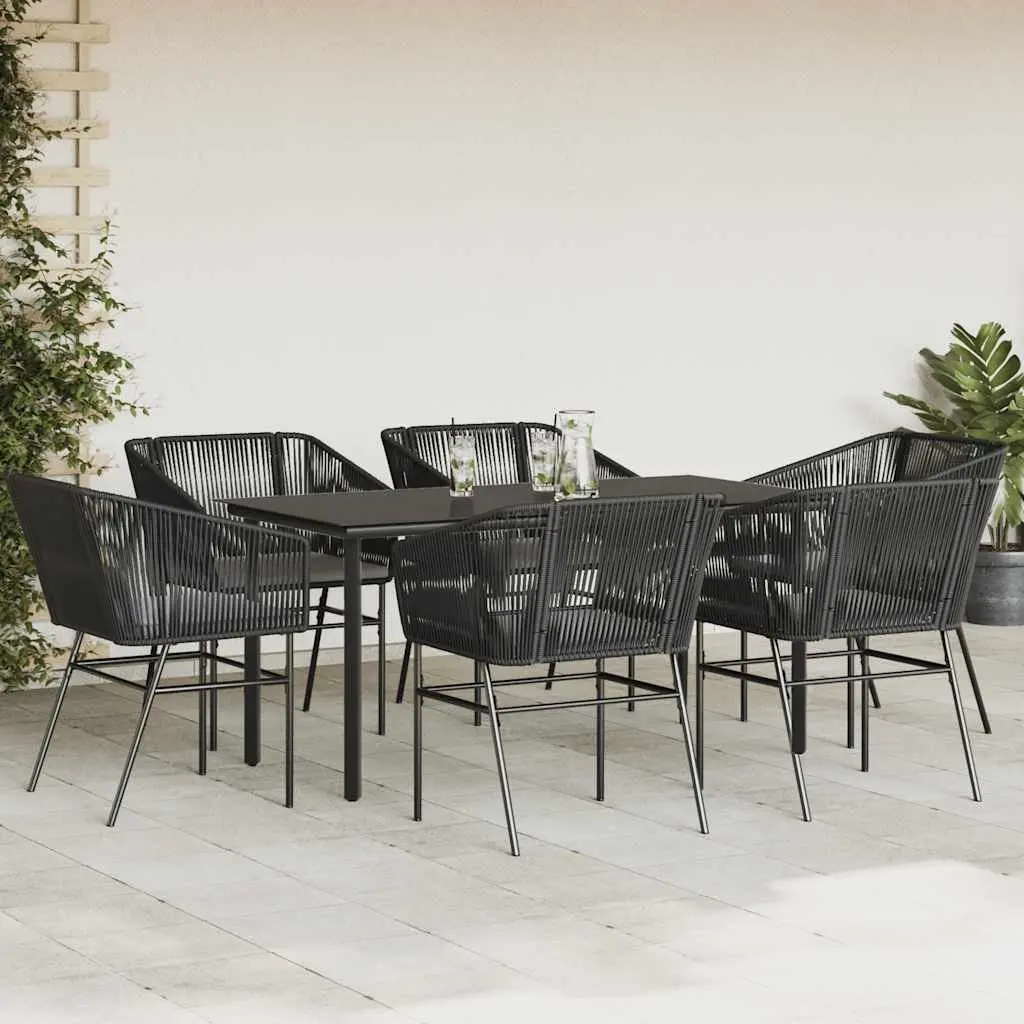 7 Piece Outdoor Dining Set Black PE Rattan Frame Tempered Glass Table Patio Furniture