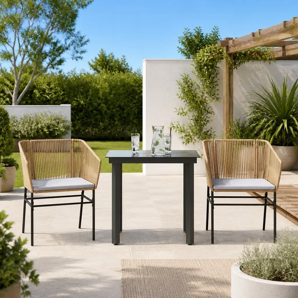 Garden Dining Set Poly Rattan 3 Piece Brown Outdoor Furniture Patio Table Chairs