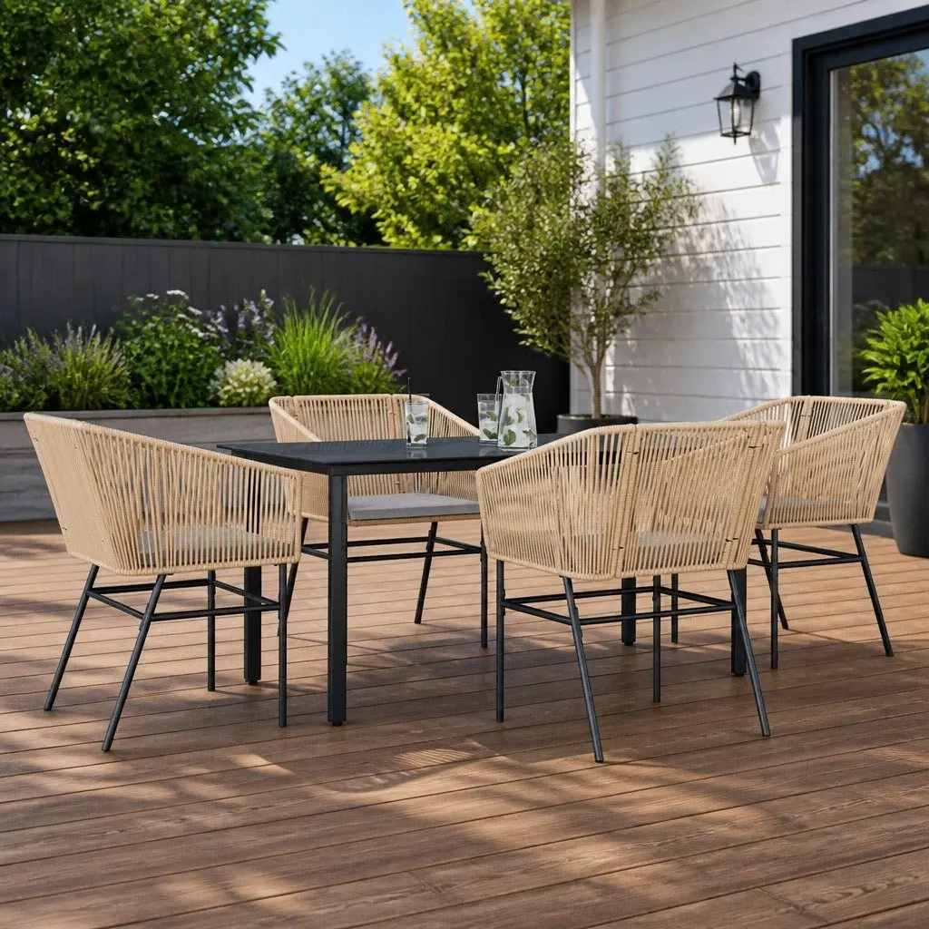 5 Piece Garden Dining Set Poly Rattan Brown Outdoor Furniture with Cushions