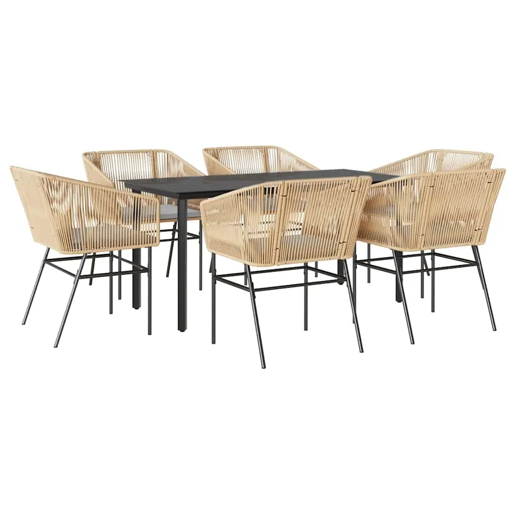 7 Piece Garden Dining Set Poly Rattan Glass Table Brown