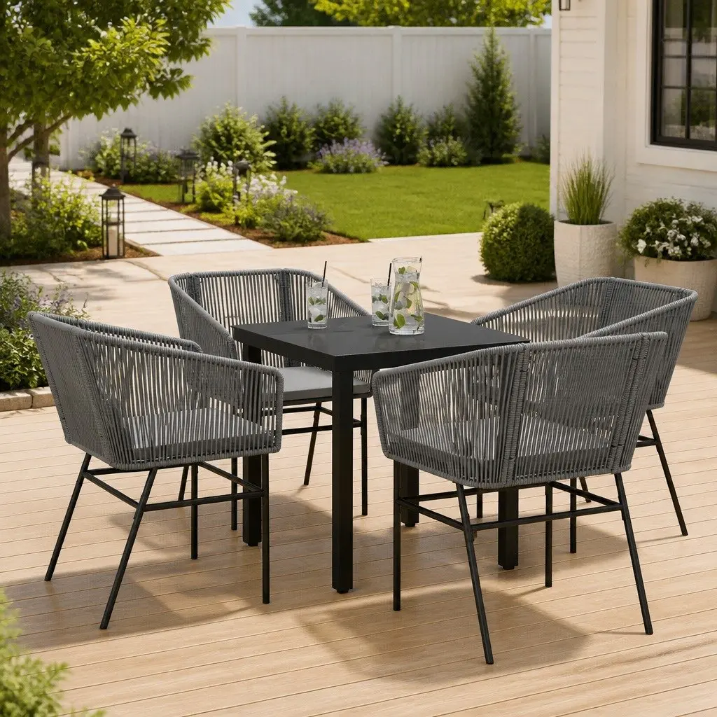 Garden Dining Set PE Rattan 5 Piece Outdoor Furniture Grey Patio Table Chairs