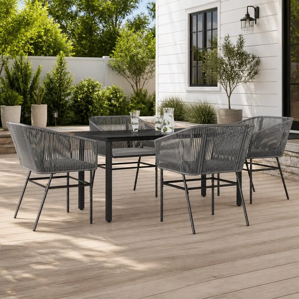 Garden Dining Set 5 Piece Poly Rattan Grey Outdoor Patio Furniture with Glass Table