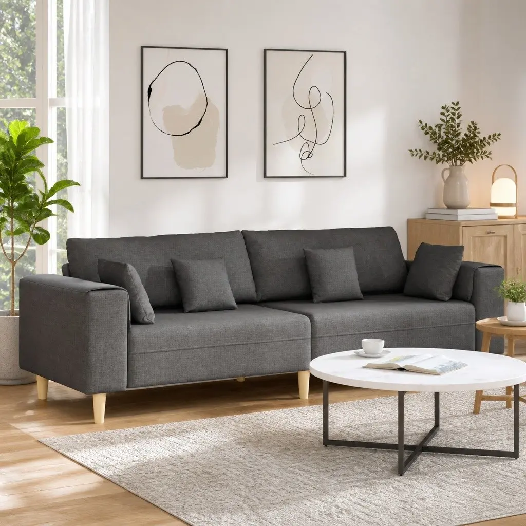 Sofa Fabric Grey 250cm Springsupport Plywood Frame Living Room Furniture