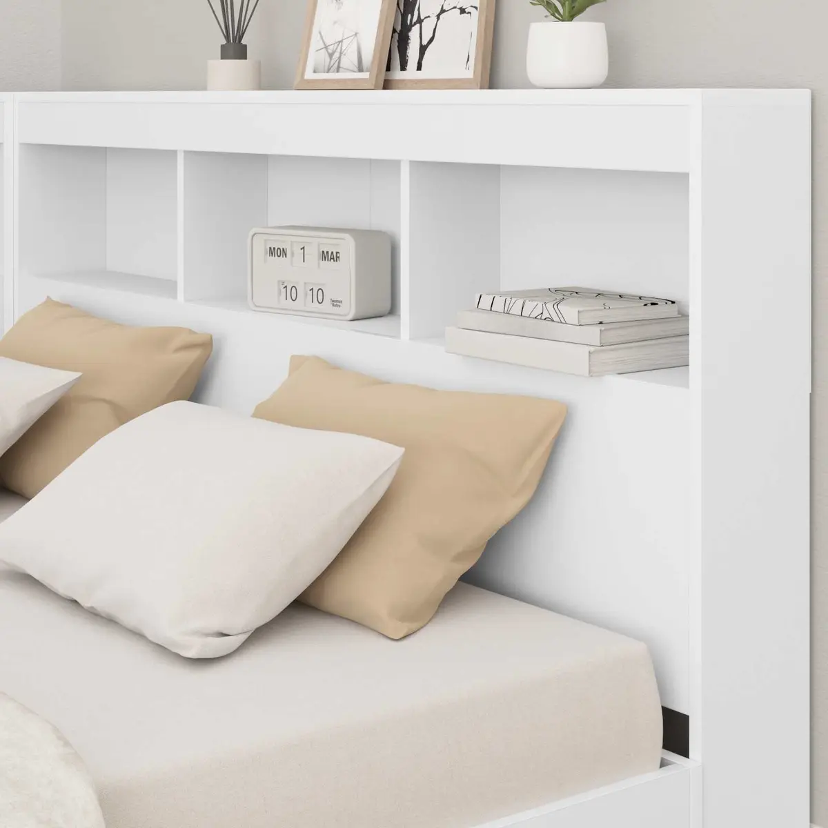White Headboard with Storage Shelves for Bedrooms