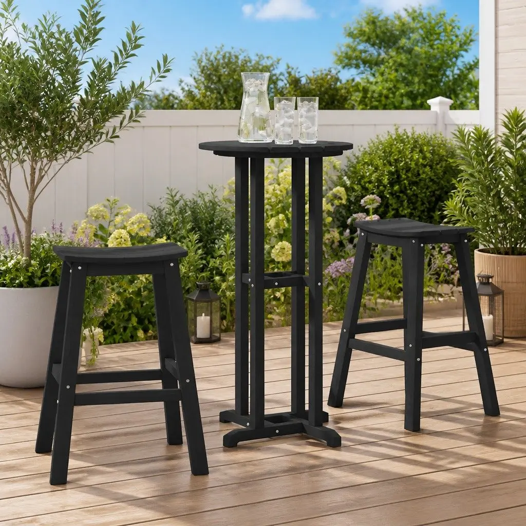Garden Bar Set HDPE Frame 3 Pieces Black Outdoor Furniture