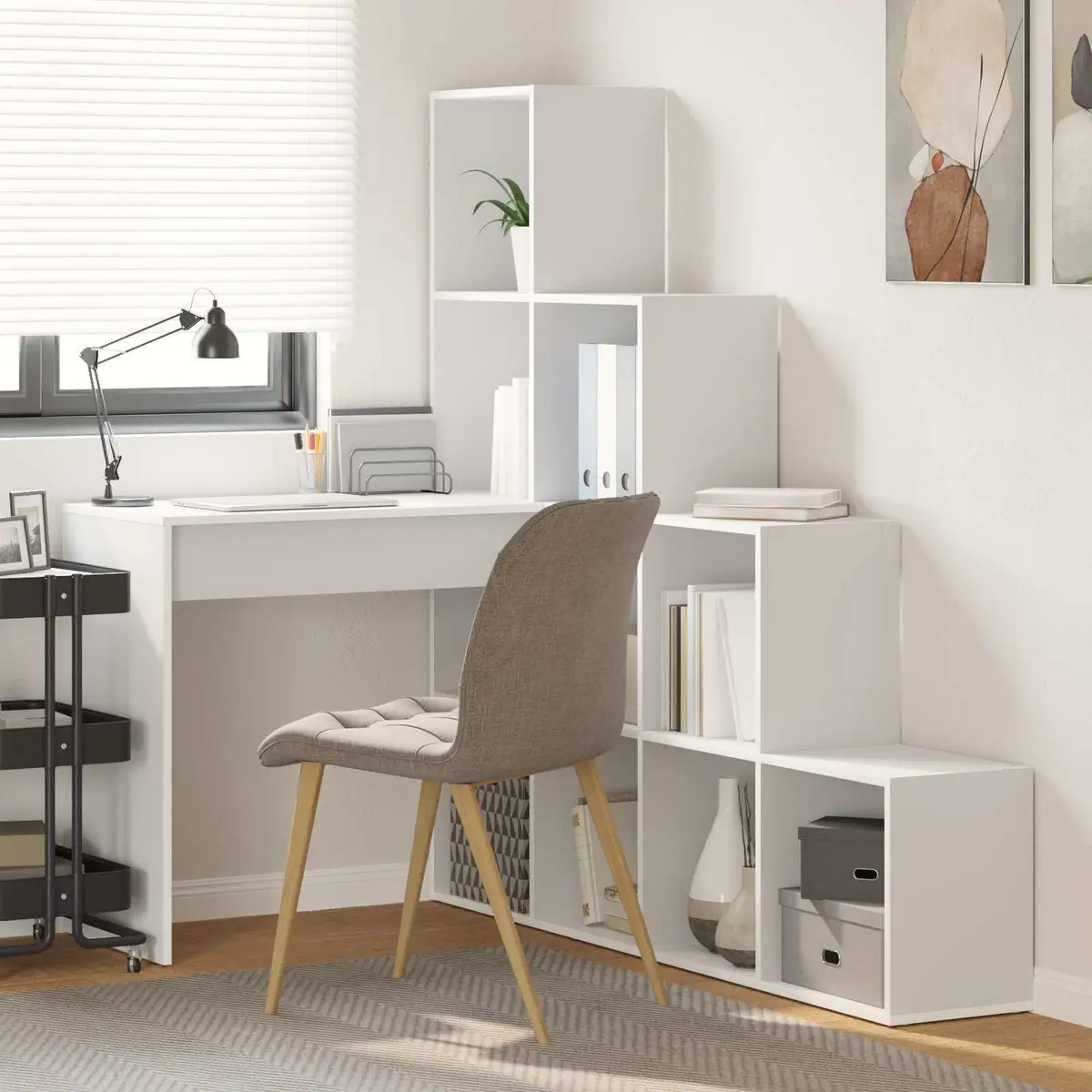 Corner Desk Engineered Wood White 1015cm x 1495cm x 1495cm with Storage Shelves