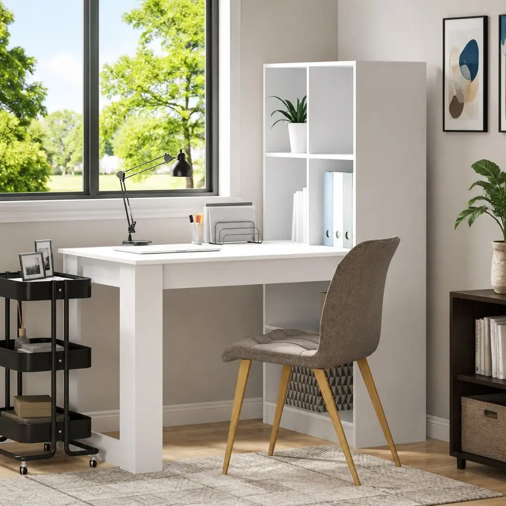 White Writing Desk with Storage for Home Office 122cm