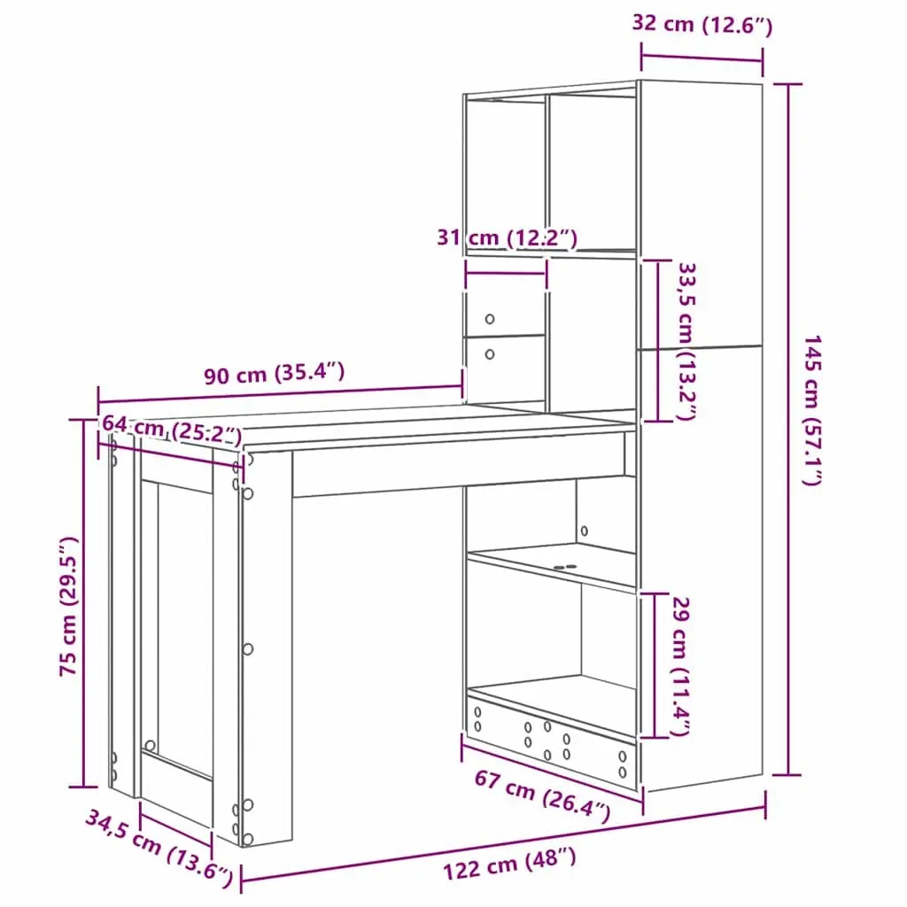 Writing Desk with Shelves Engineered Wood Office Furniture Brown 122x67x145cm