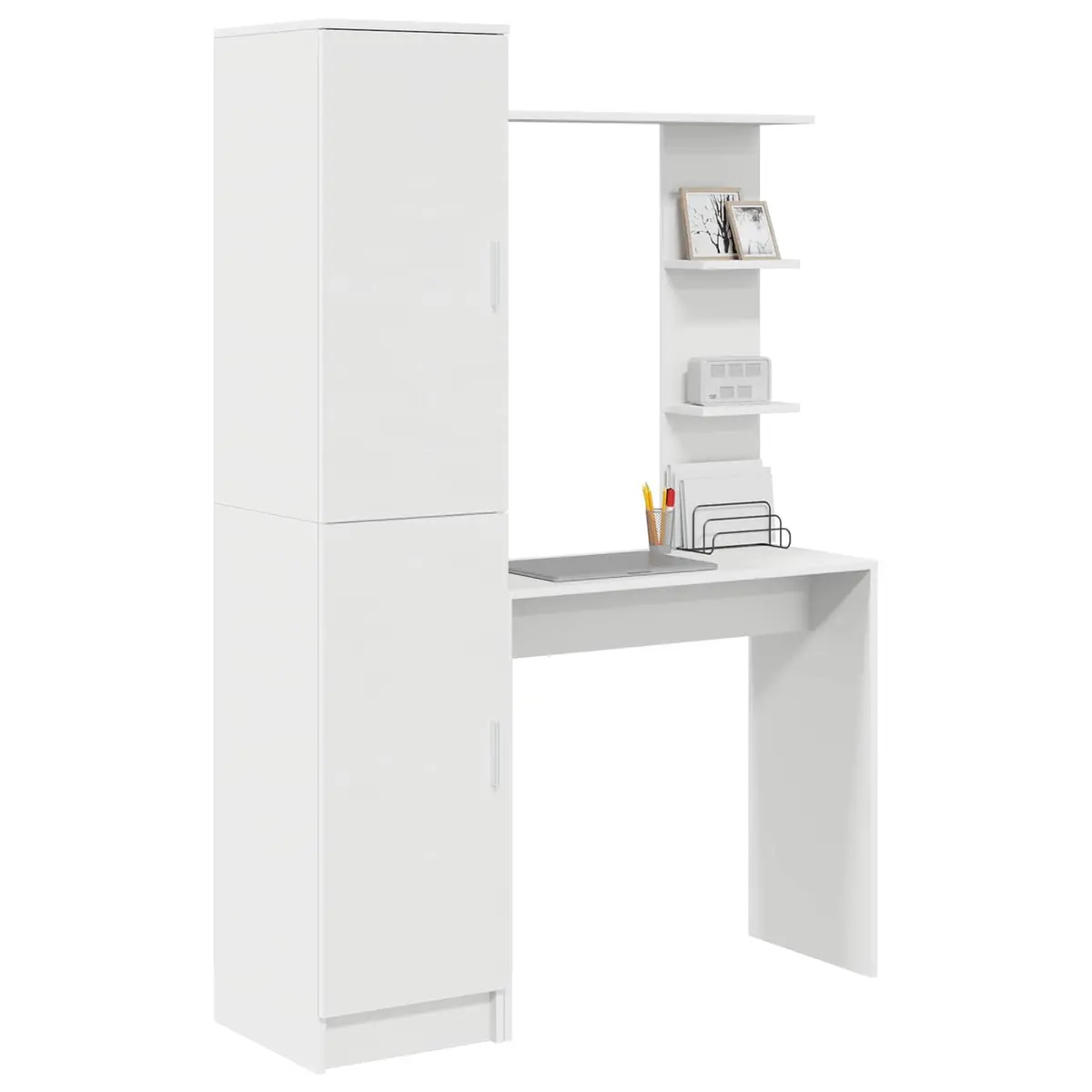 Desk Engineered Wood White with Shelves and Hinged Doors for Office Workspace Storage